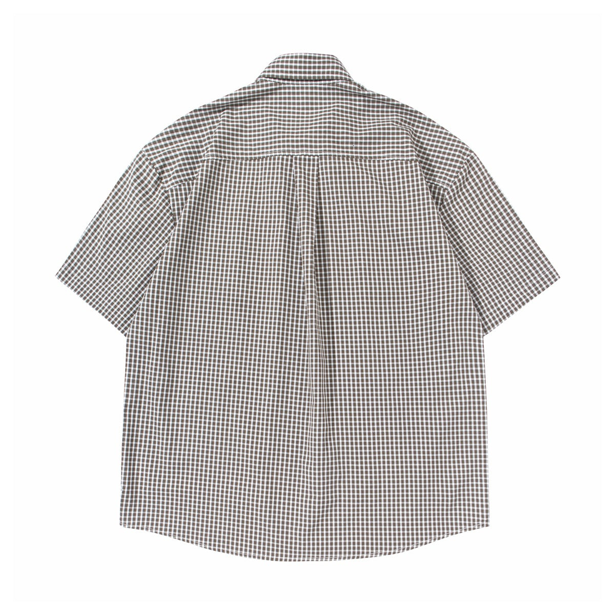Back view of a dark gray and white gingham short-sleeve button-up shirt with a center pleat.