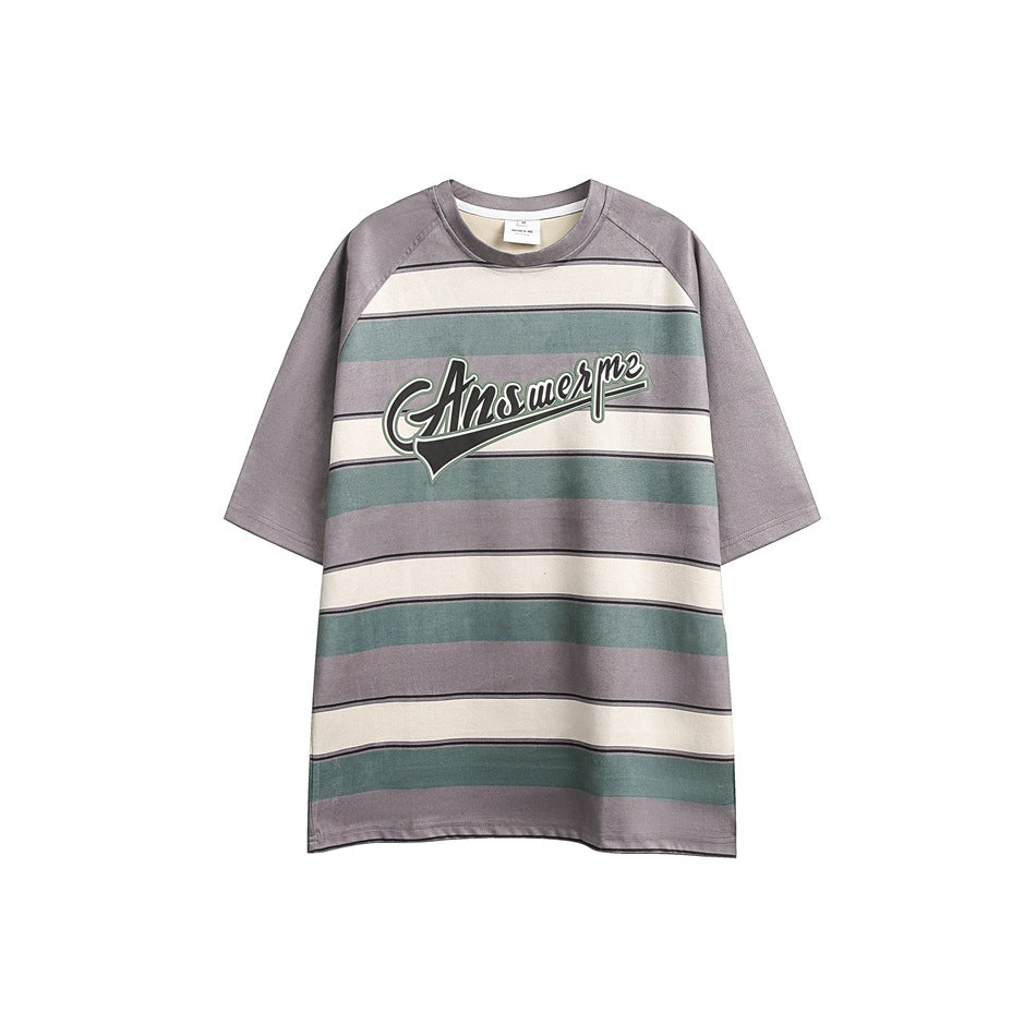 Gray striped raglan T-shirt with green and cream stripes and black script chest graphic, flat front view