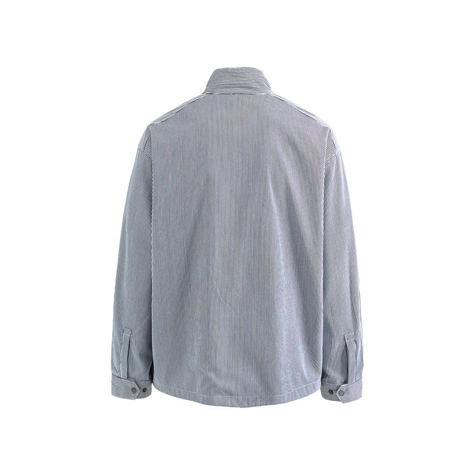 Back view of navy and white pinstriped jacket with stand collar, yoke seam and snap-button cuffs