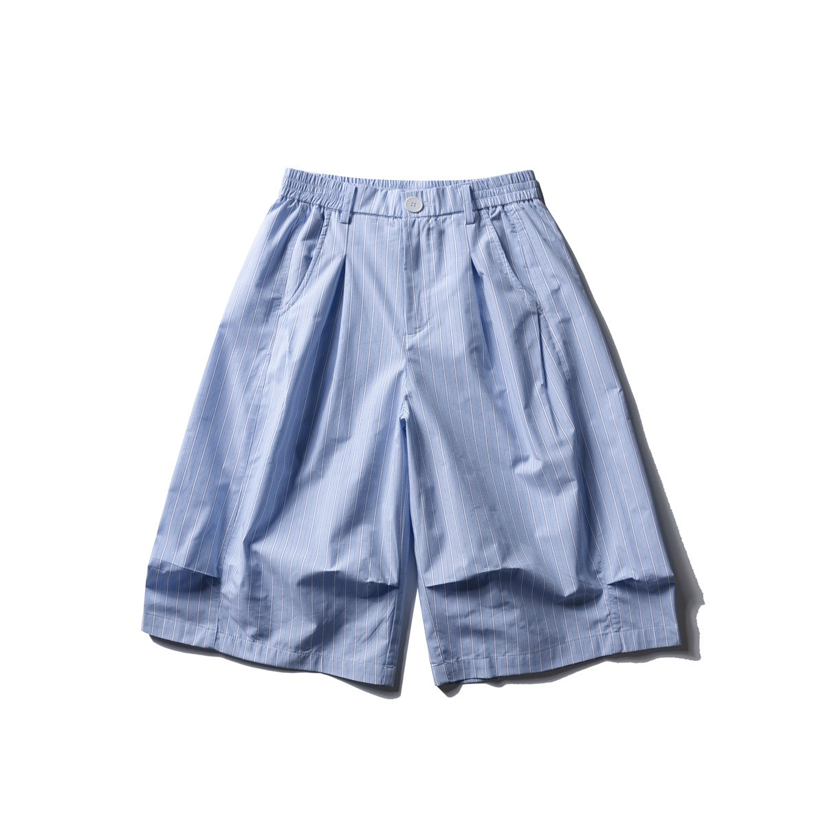 Blue vertical-striped knee-length wide-leg shorts with pleat, button closure and elastic waistband, flat lay front view