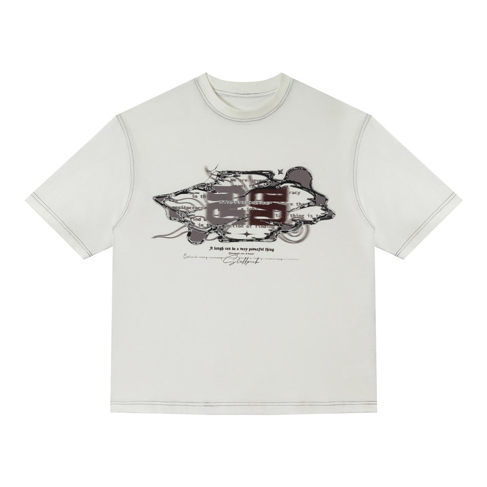 White short-sleeve crewneck T-shirt with dark contrast stitching and a liquid-silver style graphic on the chest