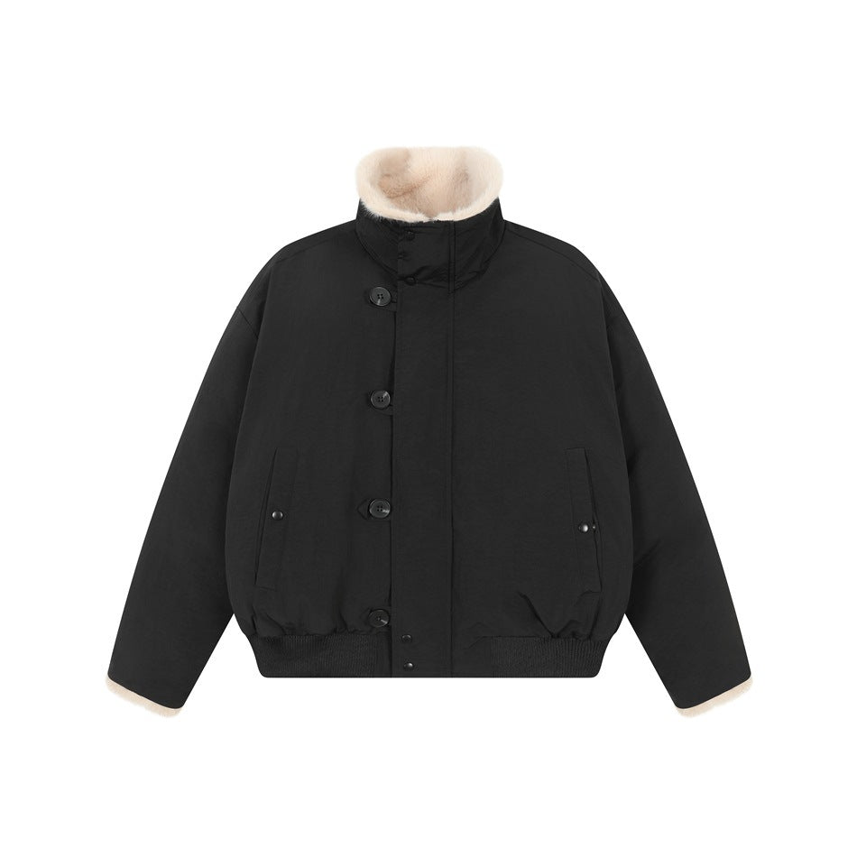 Black padded-look jacket with cream fleece-like collar and cuff trim, button placket and ribbed hem, flat front view