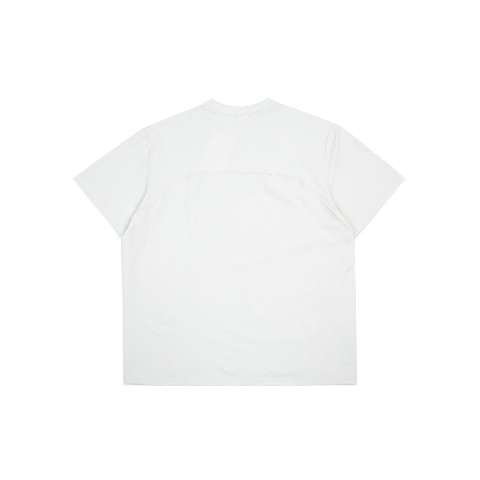 Back view of a plain white short-sleeve crew-neck T-shirt with curved seam detailing.