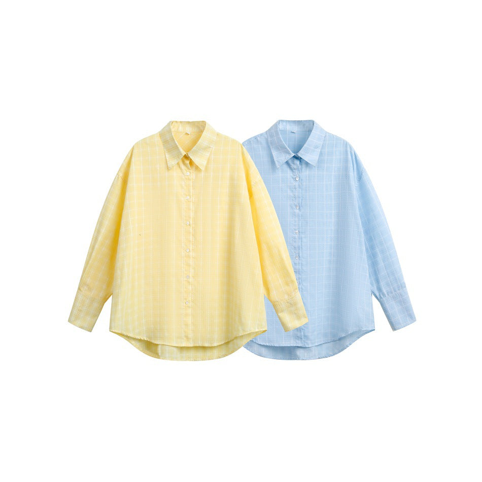 Two long-sleeve button-up shirts displayed together: yellow and light blue, both with white windowpane checks.