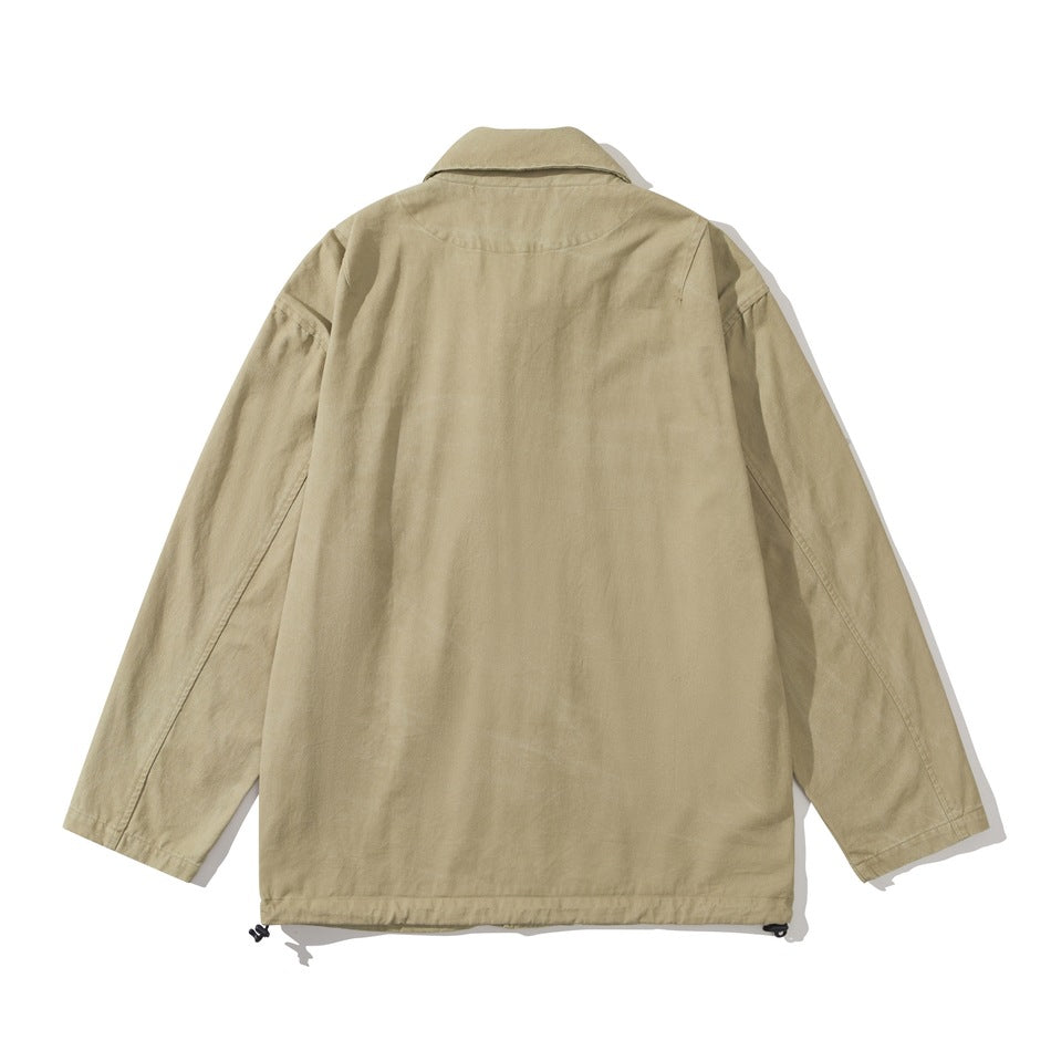 Back view of a tan jacket with a collar, long sleeves, and adjustable hem toggles.