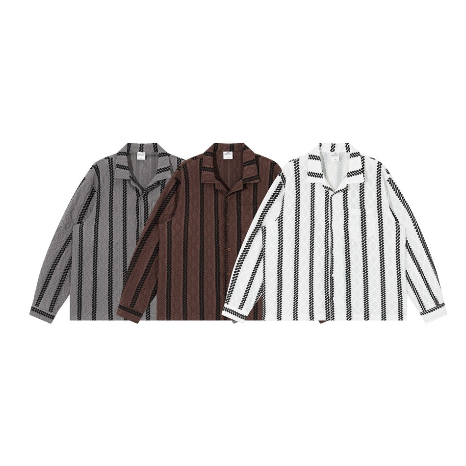 Three long-sleeve collared shirts shown from the front in gray, brown, and white with black striped patterns.