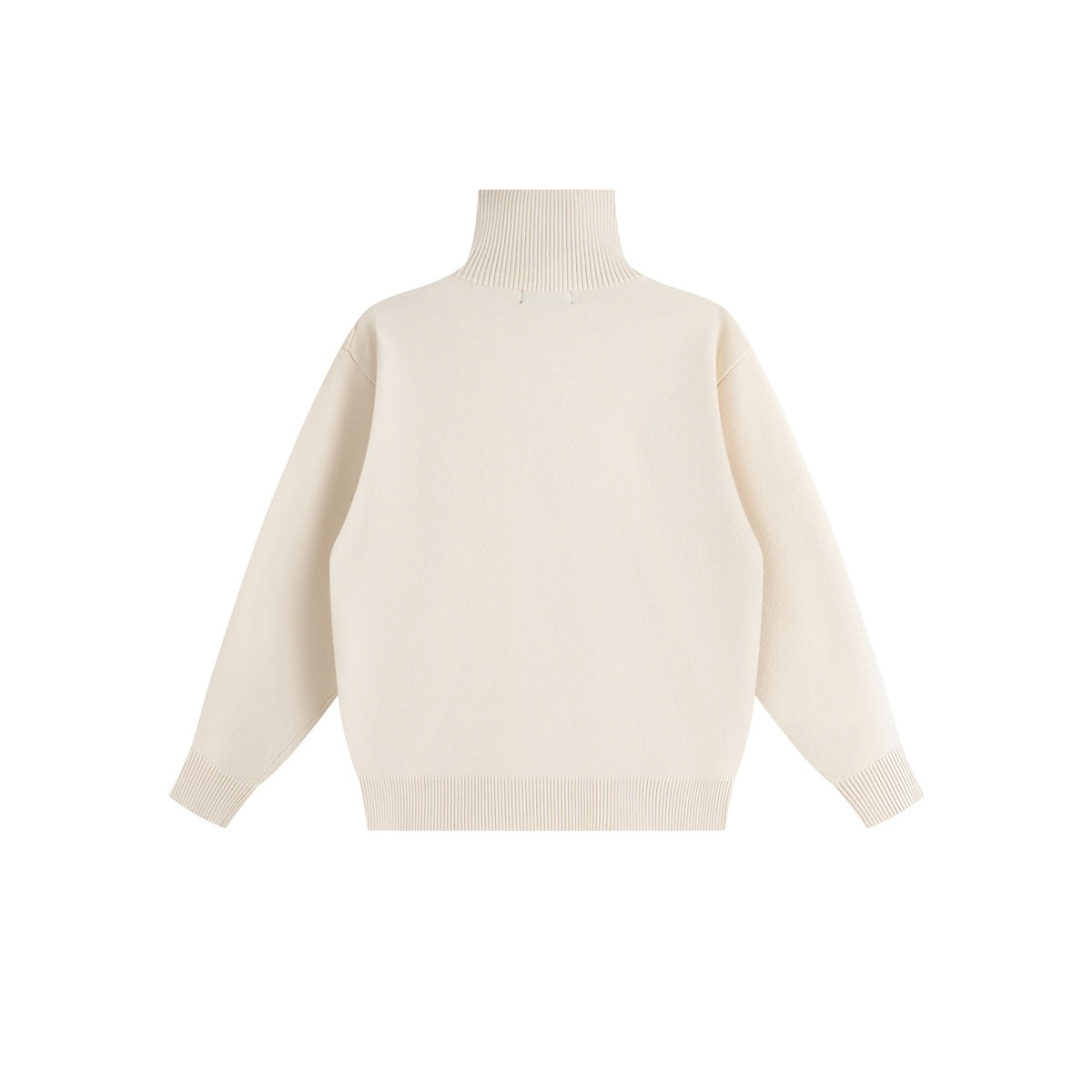 Back view of a cream long-sleeved sweater with a ribbed high neck, cuffs, and hem.