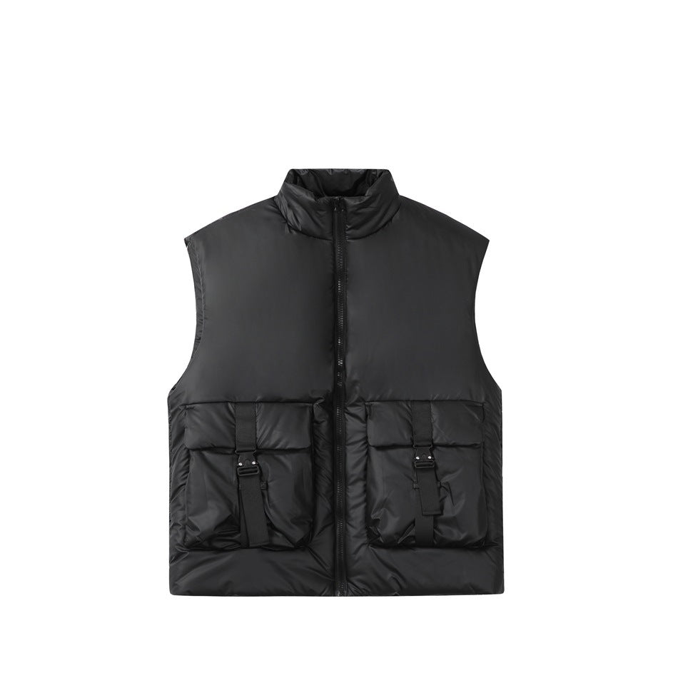 Black sleeveless padded stand-collar vest with front zipper and two buckle-strap flap pockets, flat front view