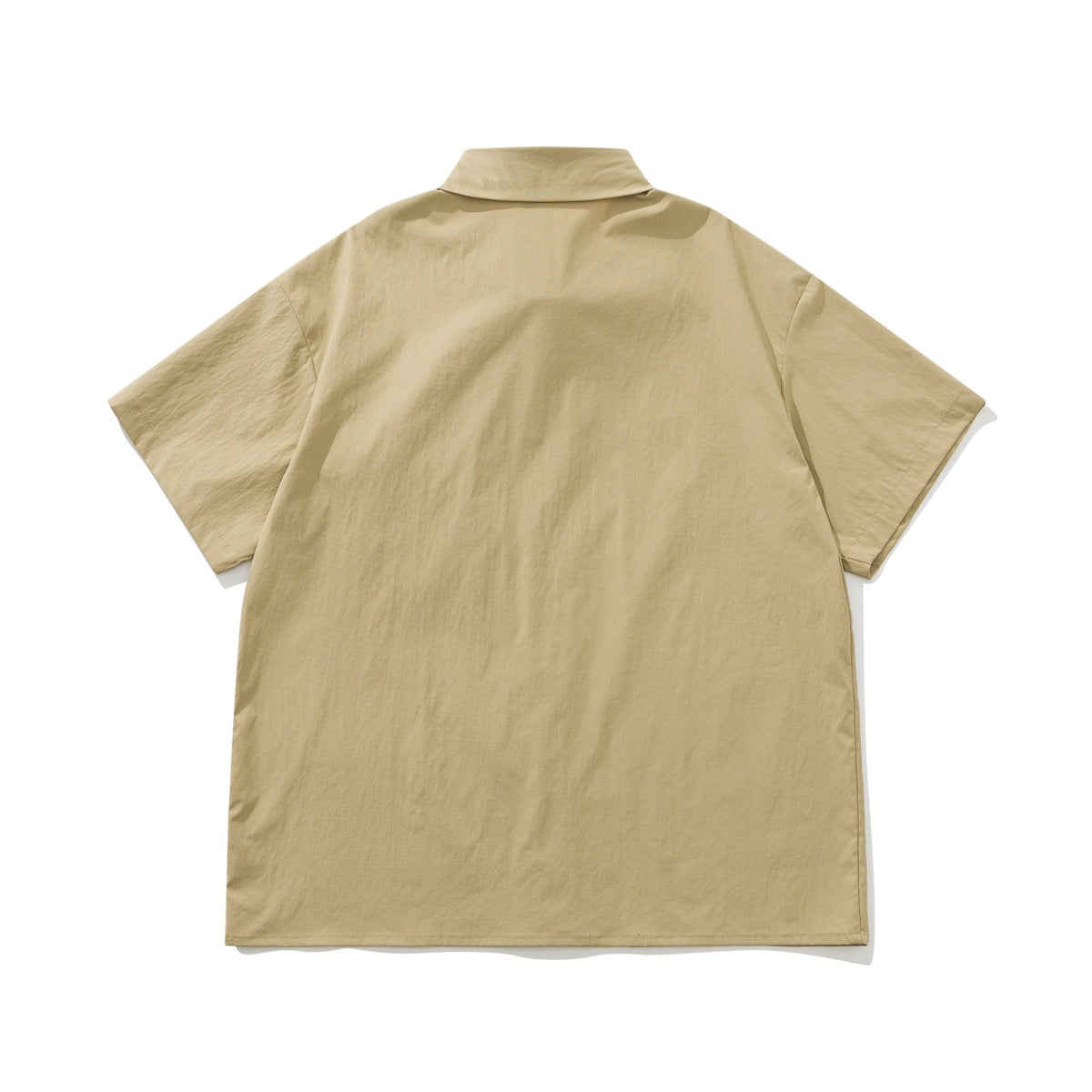 Back view of a tan short-sleeve button-up shirt with a collar and straight hem.