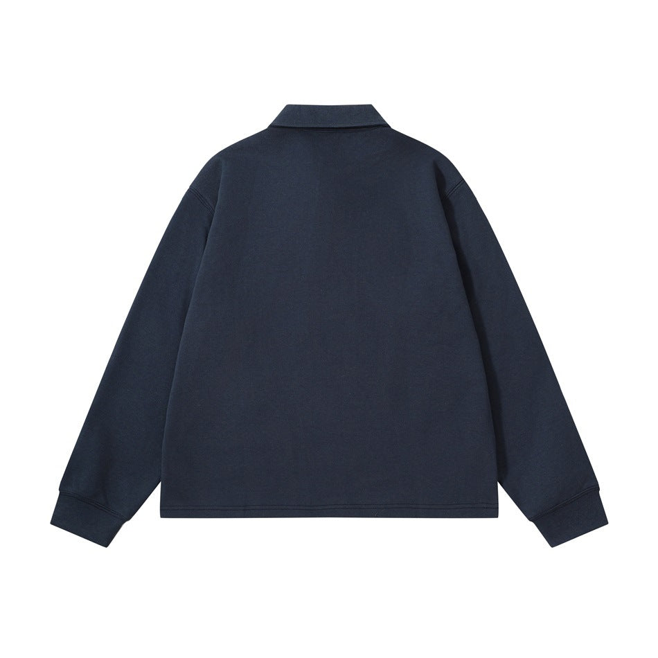 Back view of a plain navy long-sleeve collared shirt.
