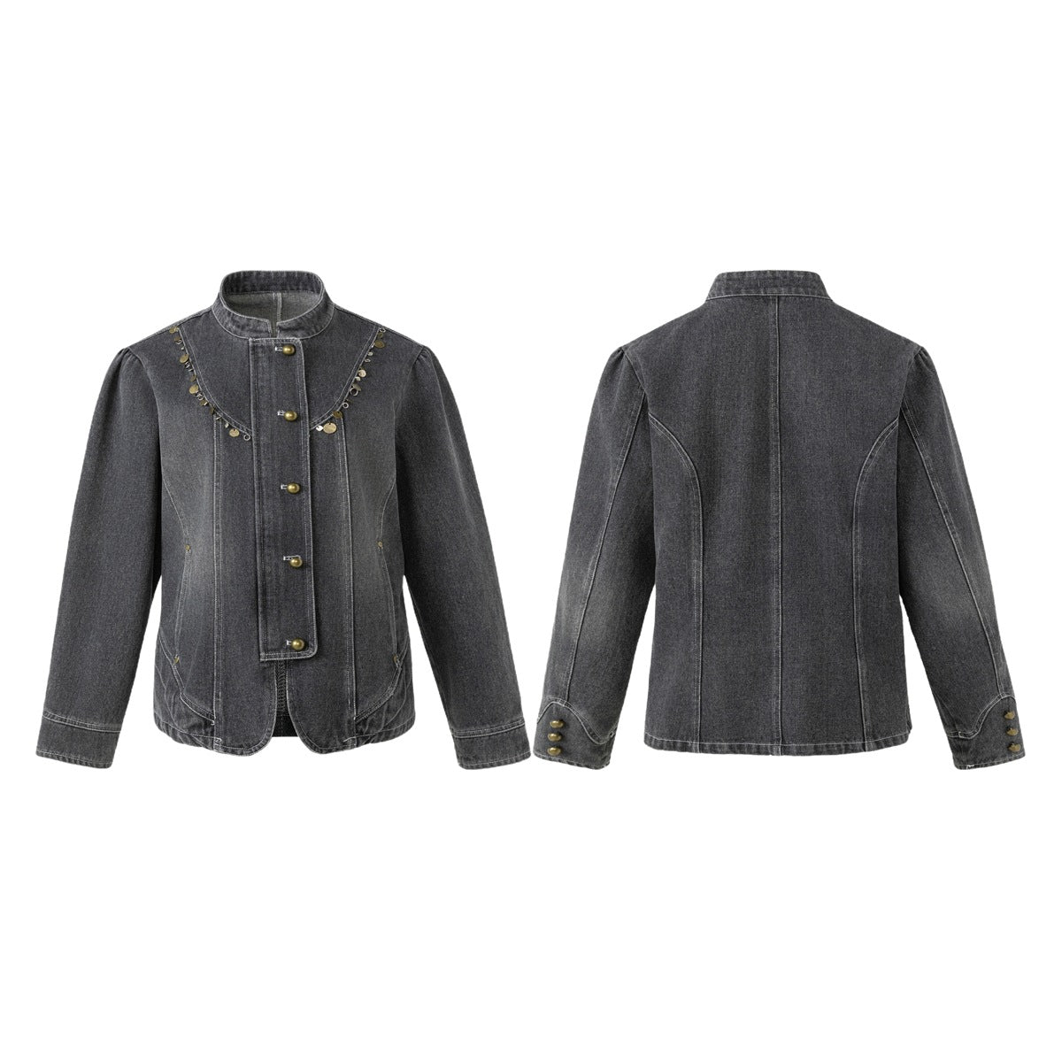 Charcoal denim jacket shown from the front and back, with a stand collar, brass-tone buttons, and disc embellishments.