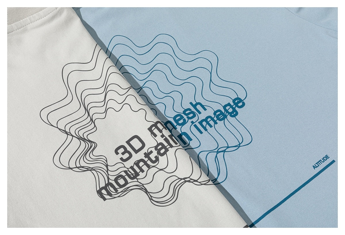 White and light blue shirts shown together, each with a large layered wave graphic and English text.