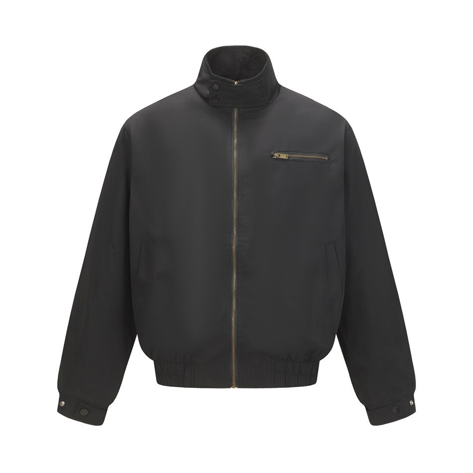 Black stand-collar zip bomber jacket with chest zip pocket, elastic hem and snap cuff tabs, front flat view