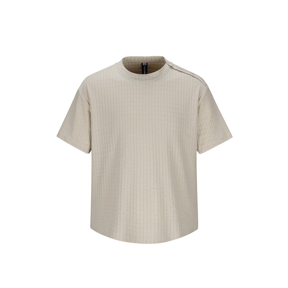 Khaki ribbed short-sleeve crew-neck T-shirt, front flat lay with shoulder detail and curved hem