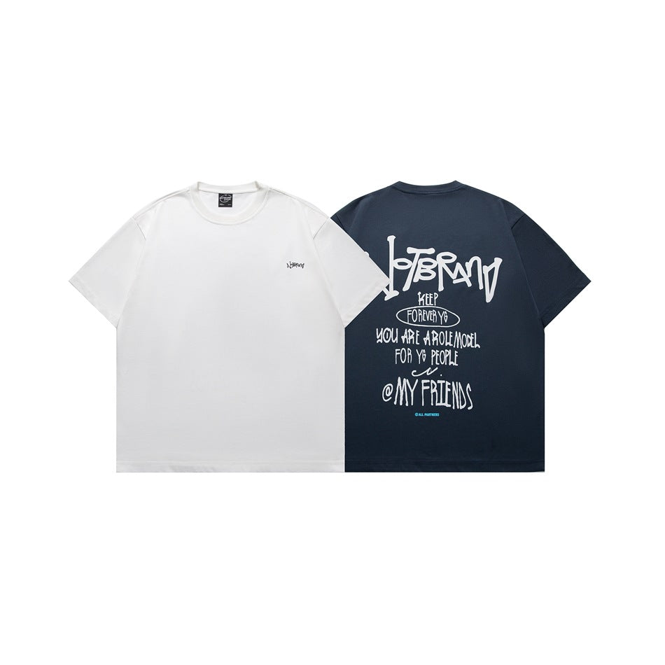 White T-shirt front and dark navy T-shirt back, showing small chest lettering and a large back graphic.