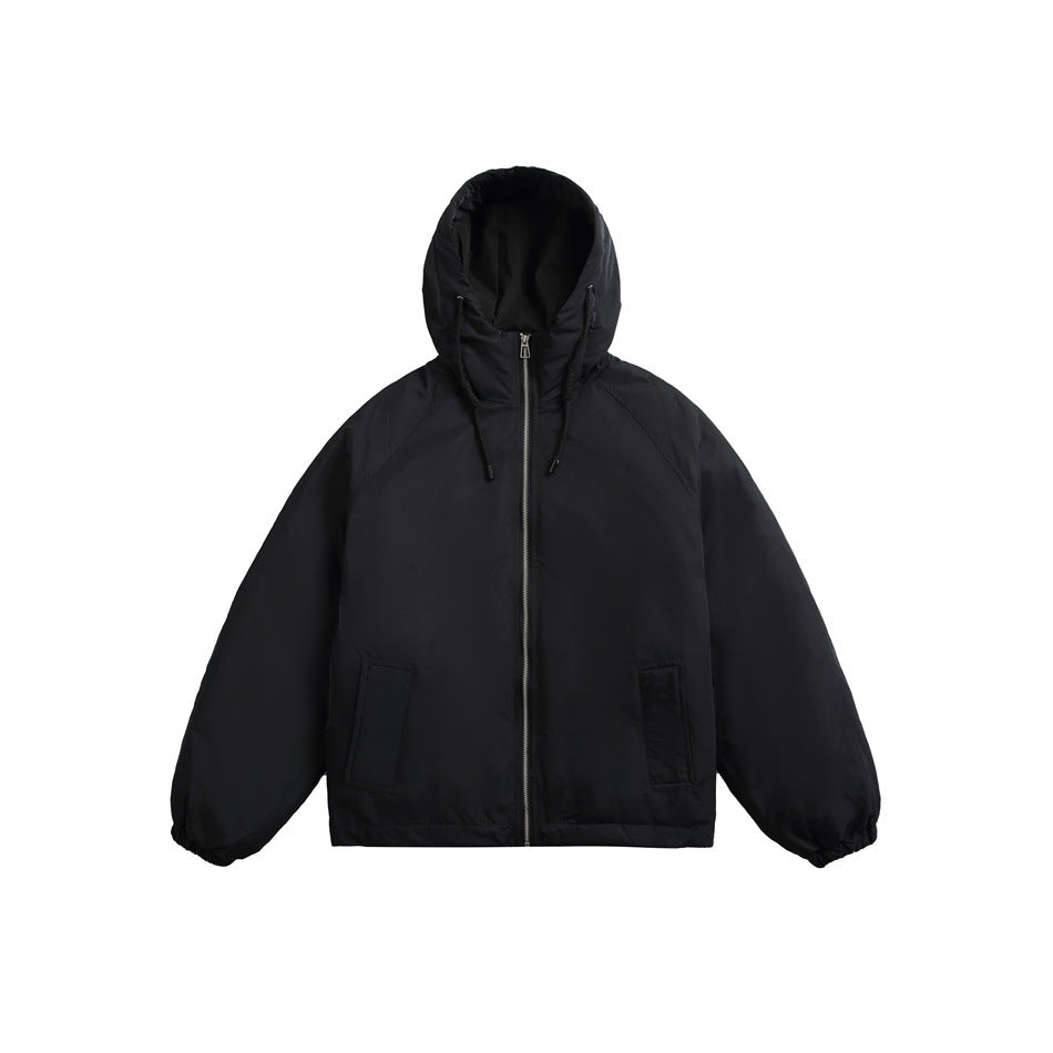 Black hooded zip-front jacket flat lay with drawstring hood, raglan sleeves, front pockets and elastic cuffs