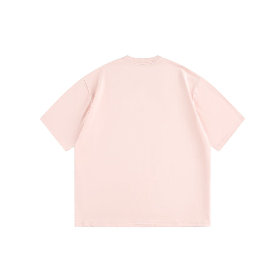 Back view of a plain pale pink short-sleeve crew-neck T-shirt on a white background.