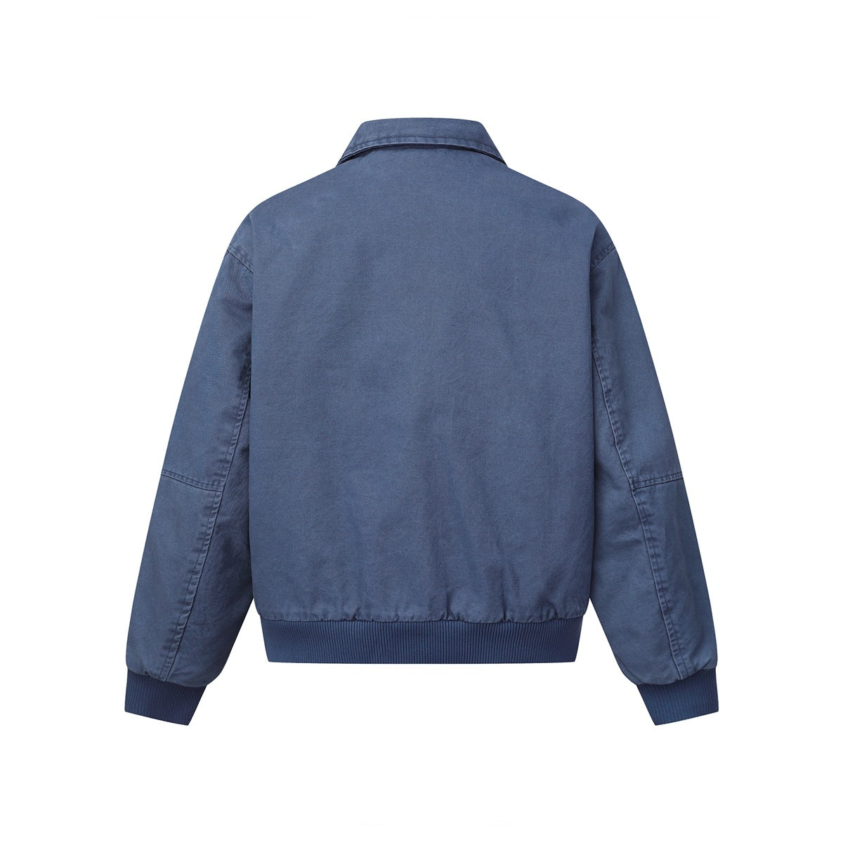Back view of a blue jacket with a pointed collar, long sleeves and dark ribbed cuffs and hem.