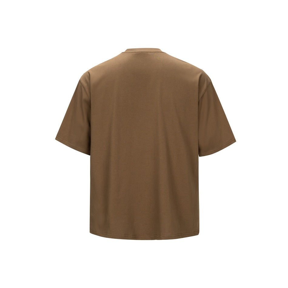 Back view of a plain brown short-sleeve crew-neck T-shirt.