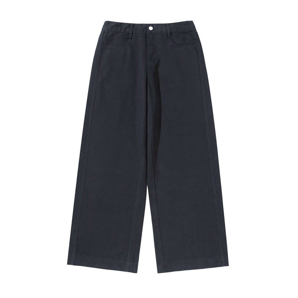 Dark navy-black wide-leg pants flat lay, front view, with button fly, belt loops and front pockets