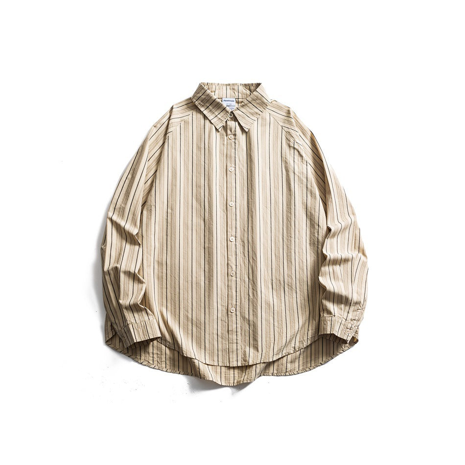 Beige striped long-sleeve button-up shirt with pointed collar and curved hem, flat lay front view