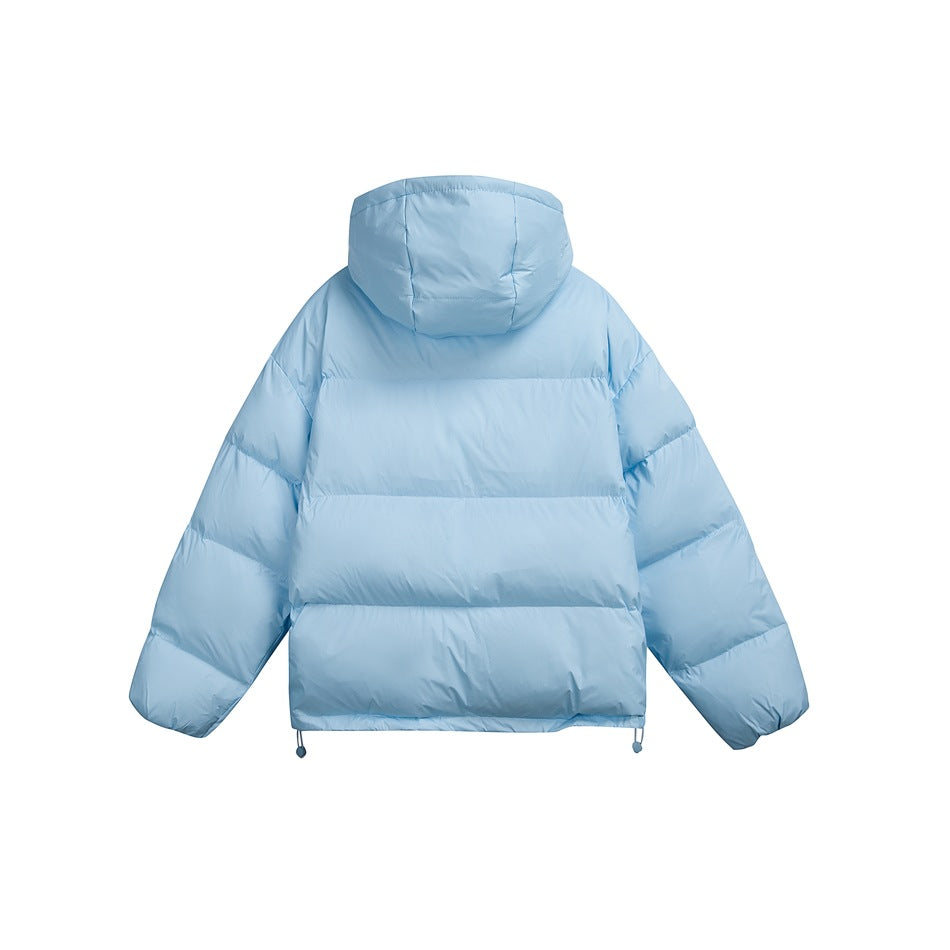 Back view of a light blue hooded puffer jacket with horizontal quilting and adjustable hem toggles.