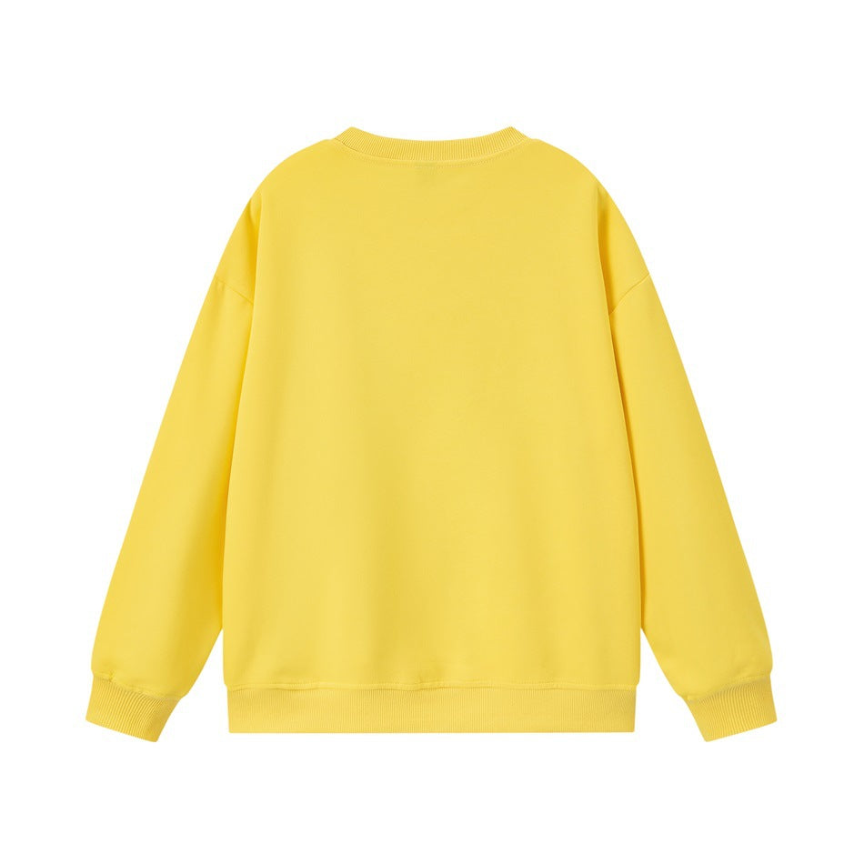 Back view of a plain yellow crewneck sweatshirt with long sleeves and ribbed cuffs and hem.
