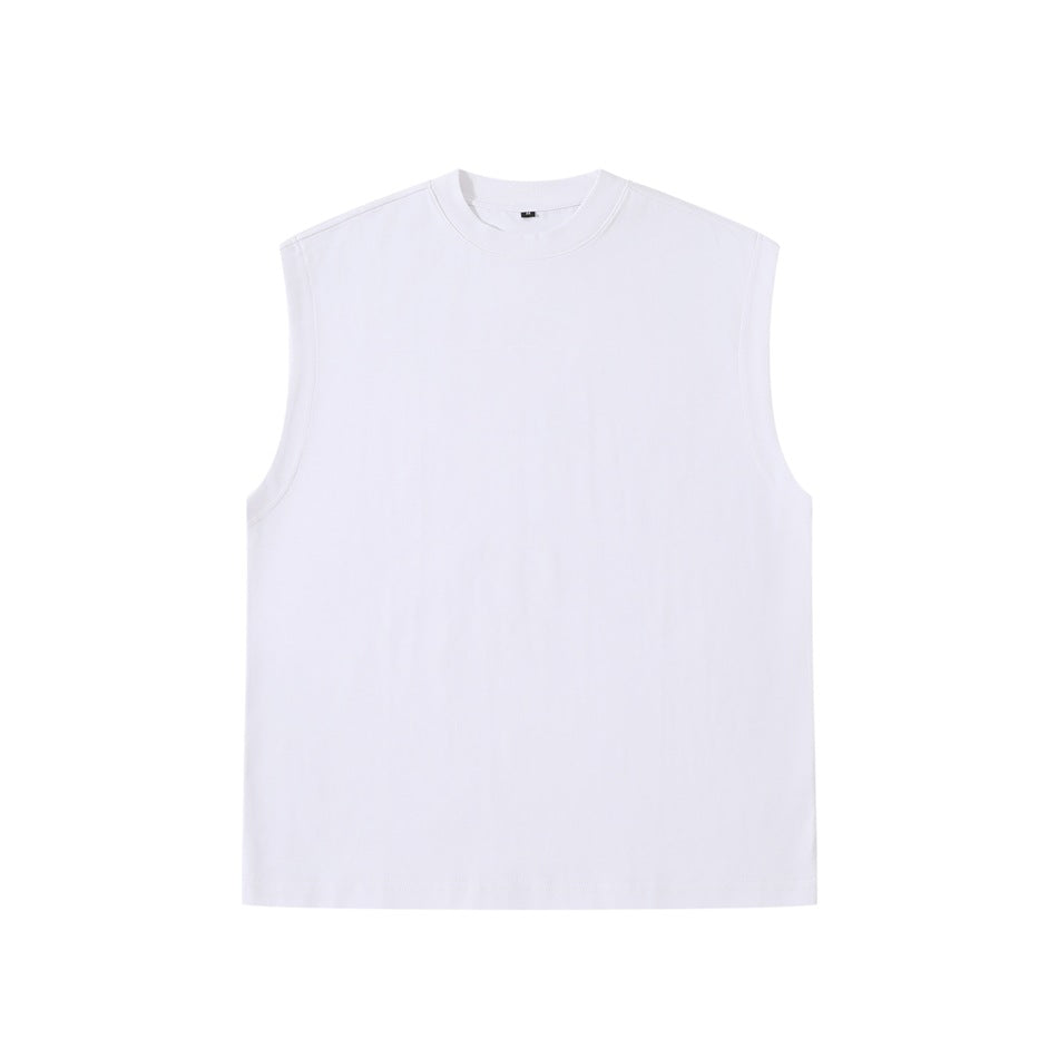 White sleeveless crew-neck top, flat front view, with ribbed neckband and cut-off armholes