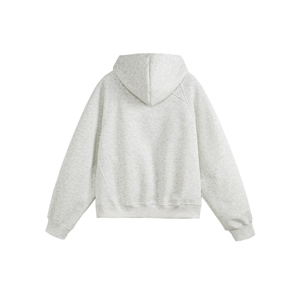 Back view of a light heather gray hooded sweatshirt with long sleeves, ribbed cuffs and hem, laid flat on white.