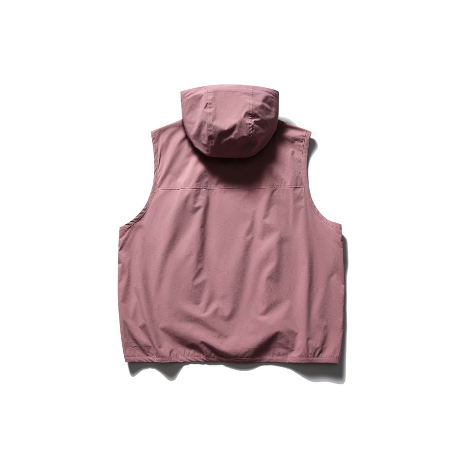 Back view of a dusty rose sleeveless hooded vest laid flat, showing the hood and plain back panel.