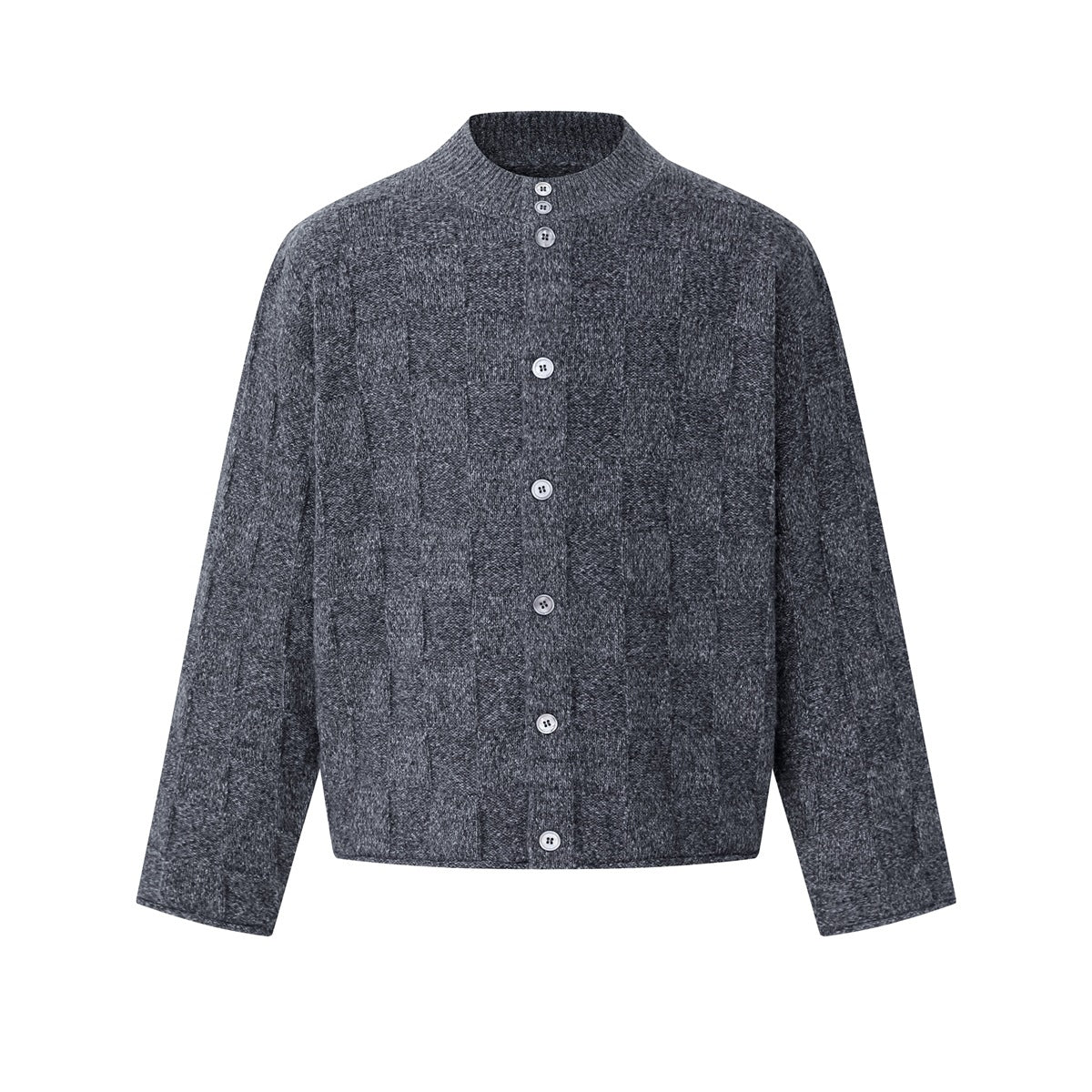 Dark heathered gray button-front knit cardigan with mock-neck collar and checkerboard texture, flat front view