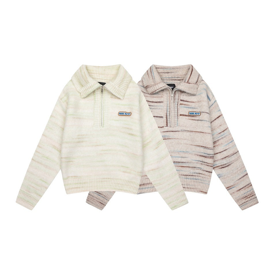 Two flat-lay collared knit pullovers with short zippers: one ivory with subtle stripes and one beige with multicolor stripes.