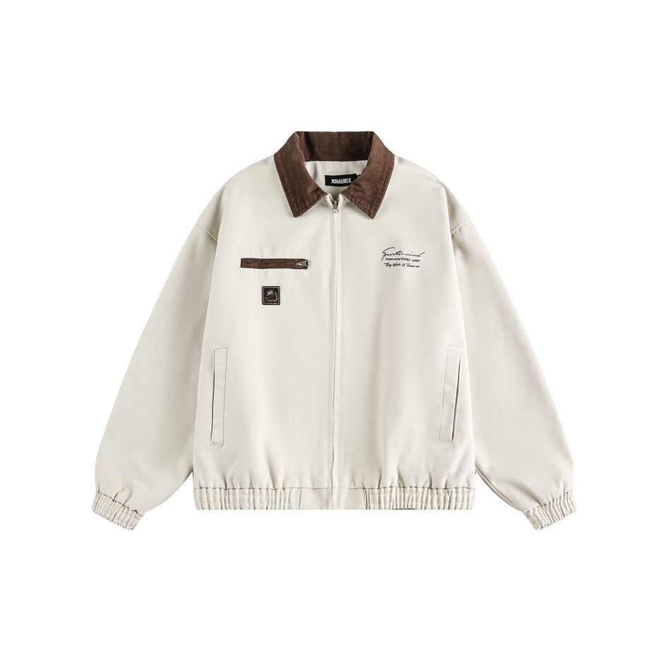 Light khaki zip-front jacket with brown ribbed collar, chest zip pocket, side pockets and elastic hem