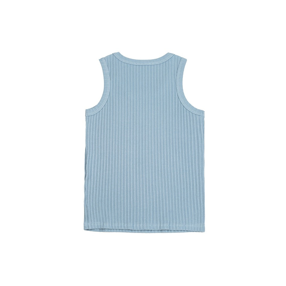 Back view of a light blue ribbed tank top laid flat on a white background.