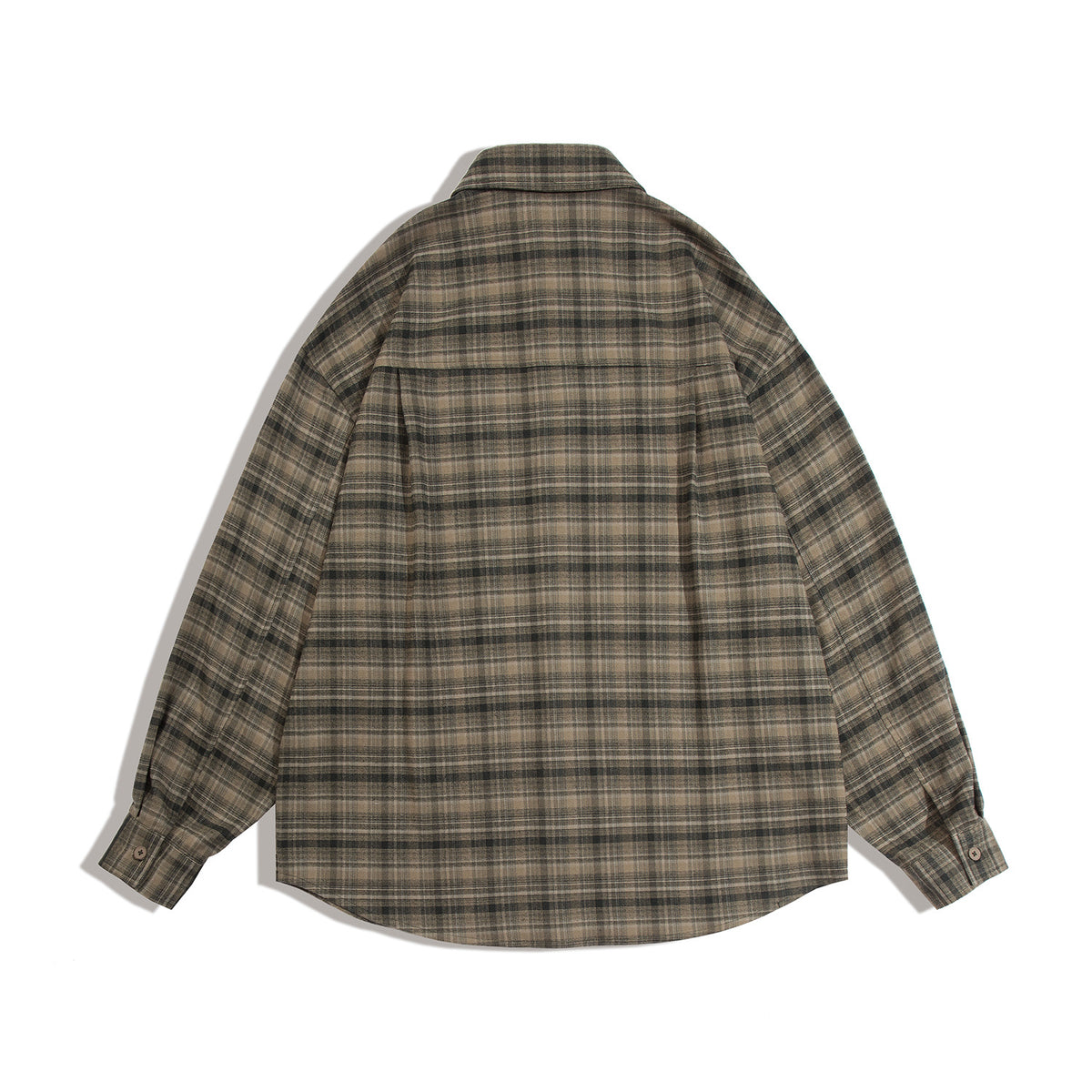 Full back view of a long-sleeve shirt in brown, tan, and dark plaid, laid flat with a back yoke and button cuffs.