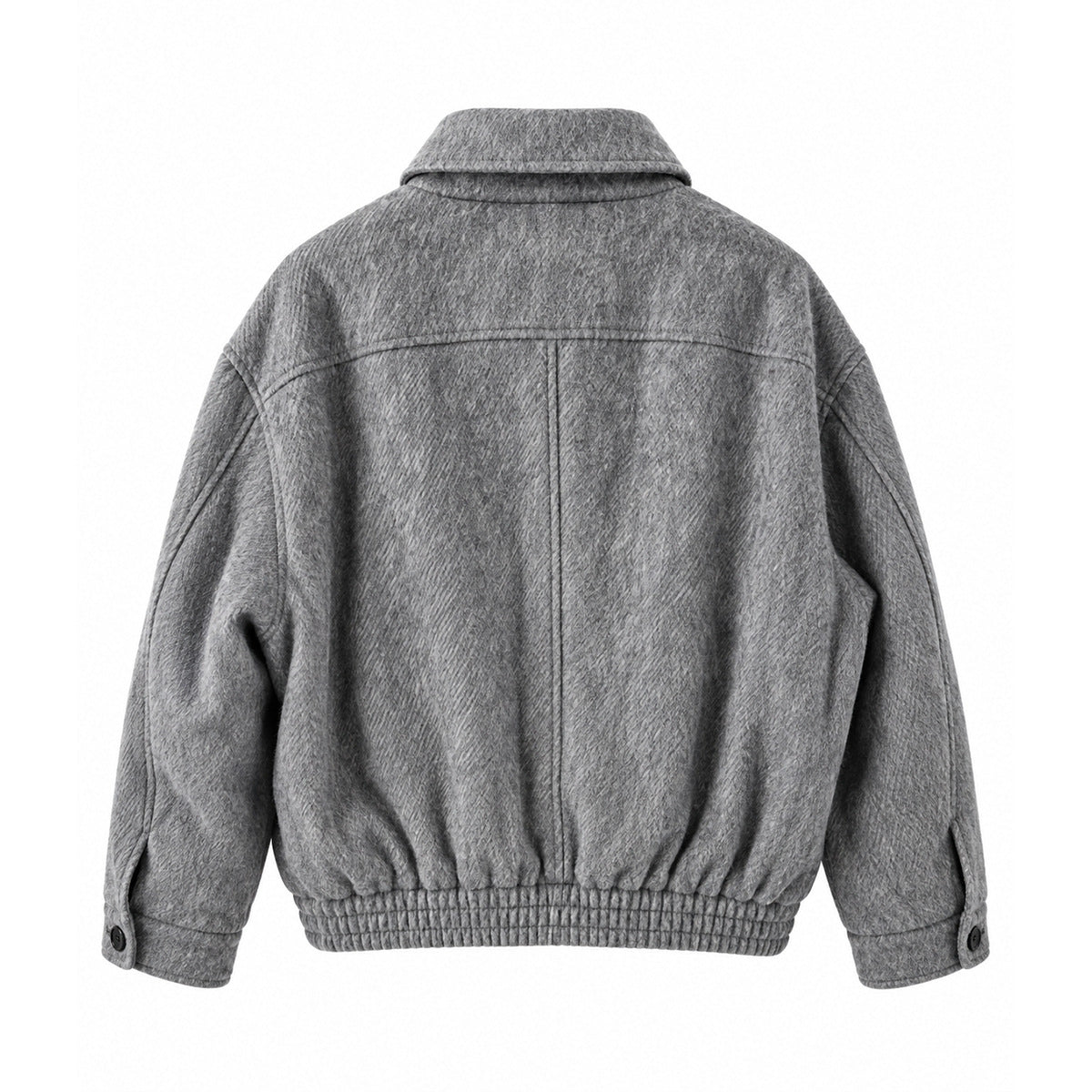 Back view of a gray textured jacket with a wide collar, center seam, cuff buttons and gathered hem.