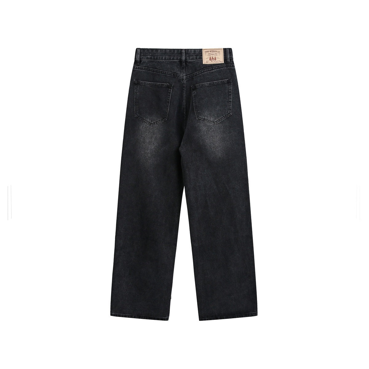Back view of black wide-leg jeans with two patch pockets and a tan waistband label.