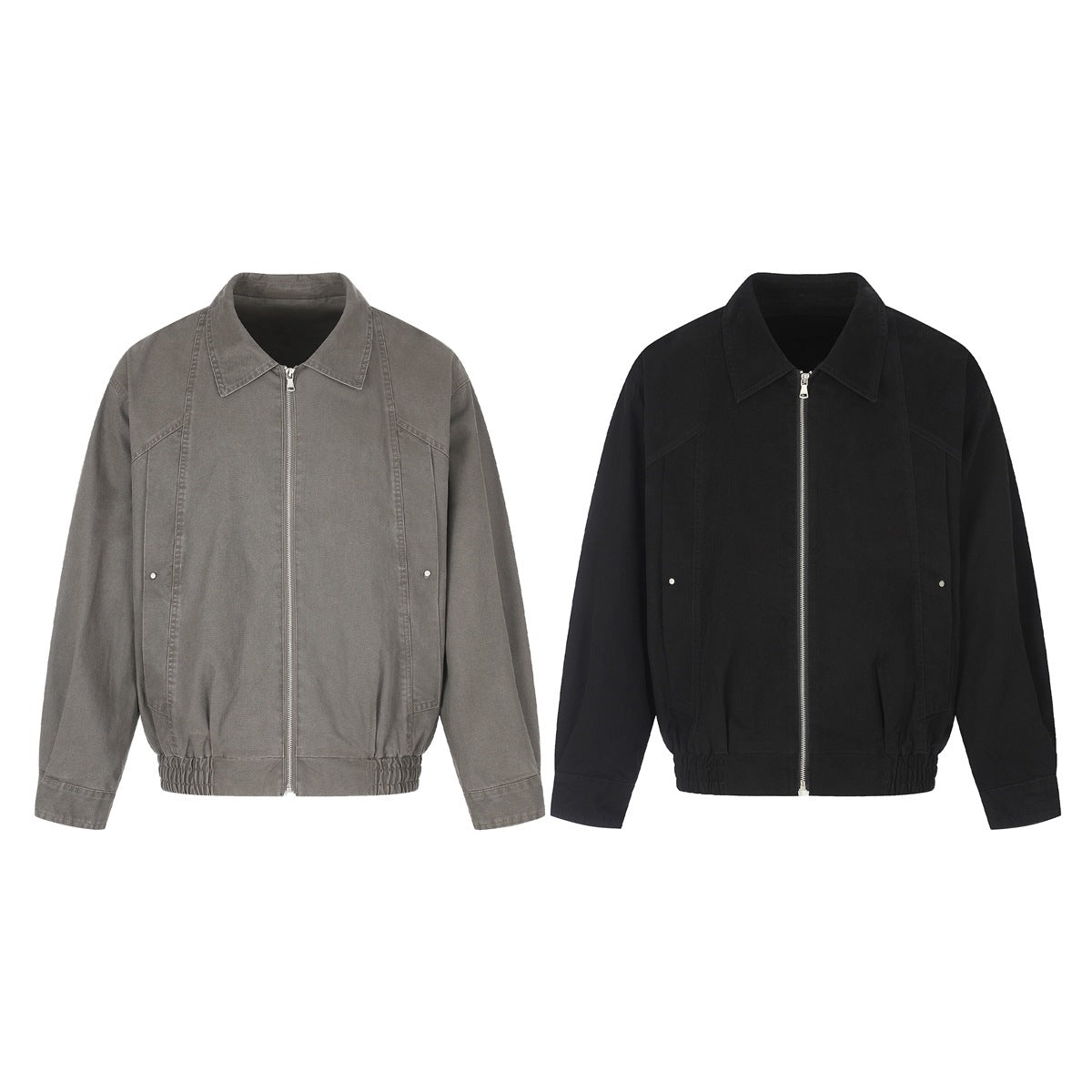 Front views of the same zip-front jacket in gray and black, with pointed collars and gathered hems.