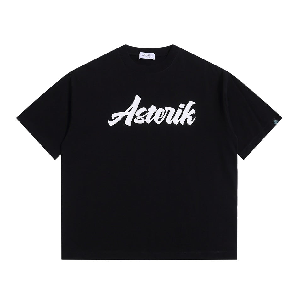 Black short-sleeve crew neck T-shirt with white script Asterik graphic on the chest, flat lay front view