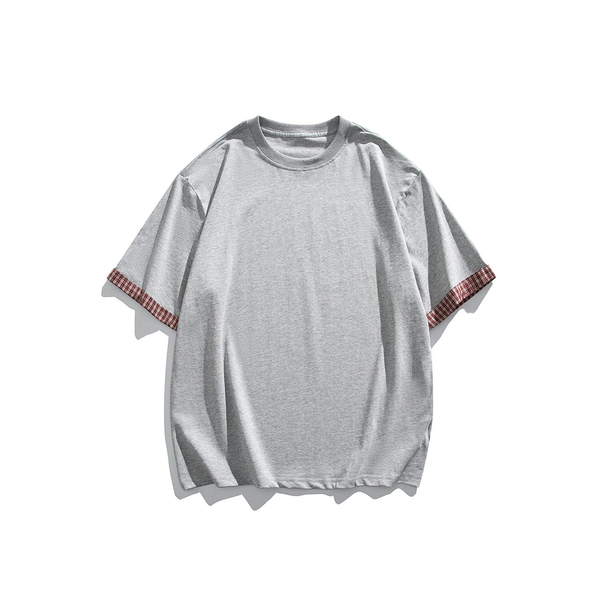 Heather gray short-sleeve crewneck T-shirt with red plaid cuffs on the sleeve hems, flat lay front view