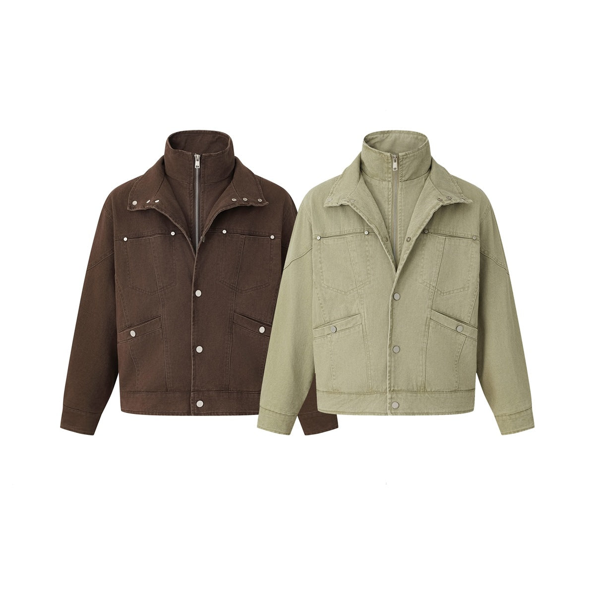 Two stand-collar jackets shown from the front, one dark brown and one khaki, with snap closures and multiple pockets.