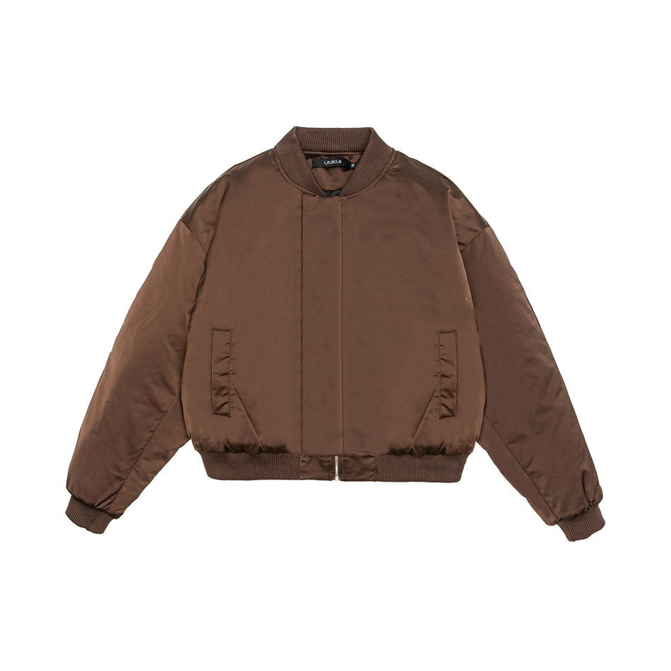 Brown satin-finish padded bomber jacket, front flat lay with ribbed collar, cuffs and hem, front zip and side pockets