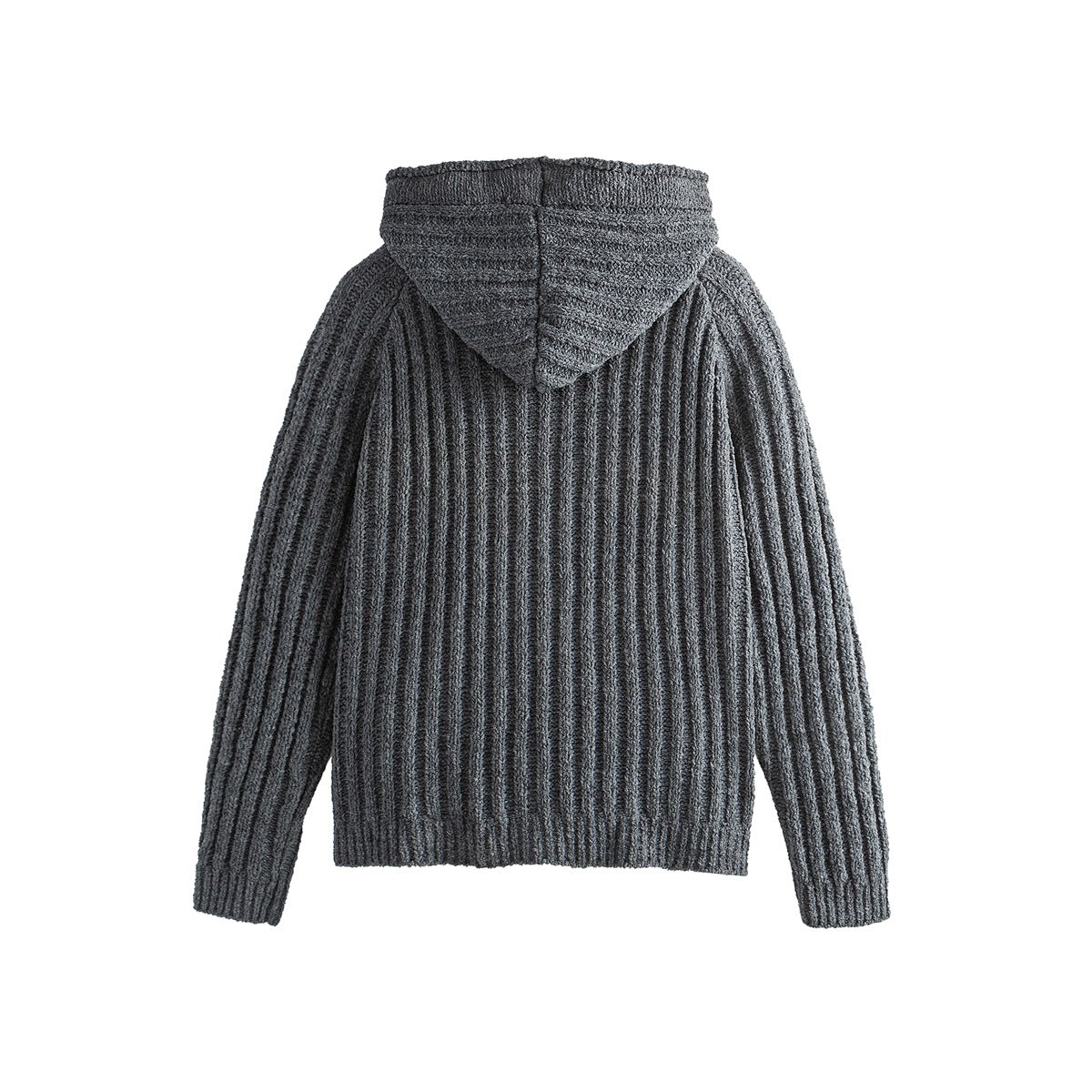 Back view of dark gray ribbed knit hooded cardigan with raglan sleeves, flat lay