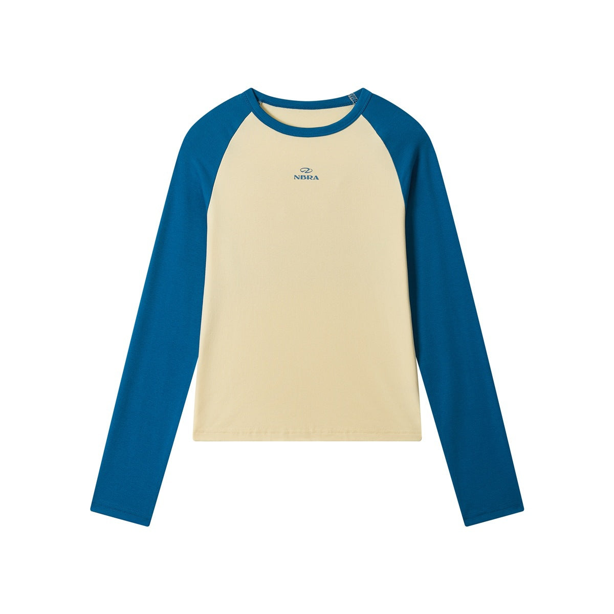 Front of cream long-sleeve raglan tee with blue sleeves and neckband and small chest logo print