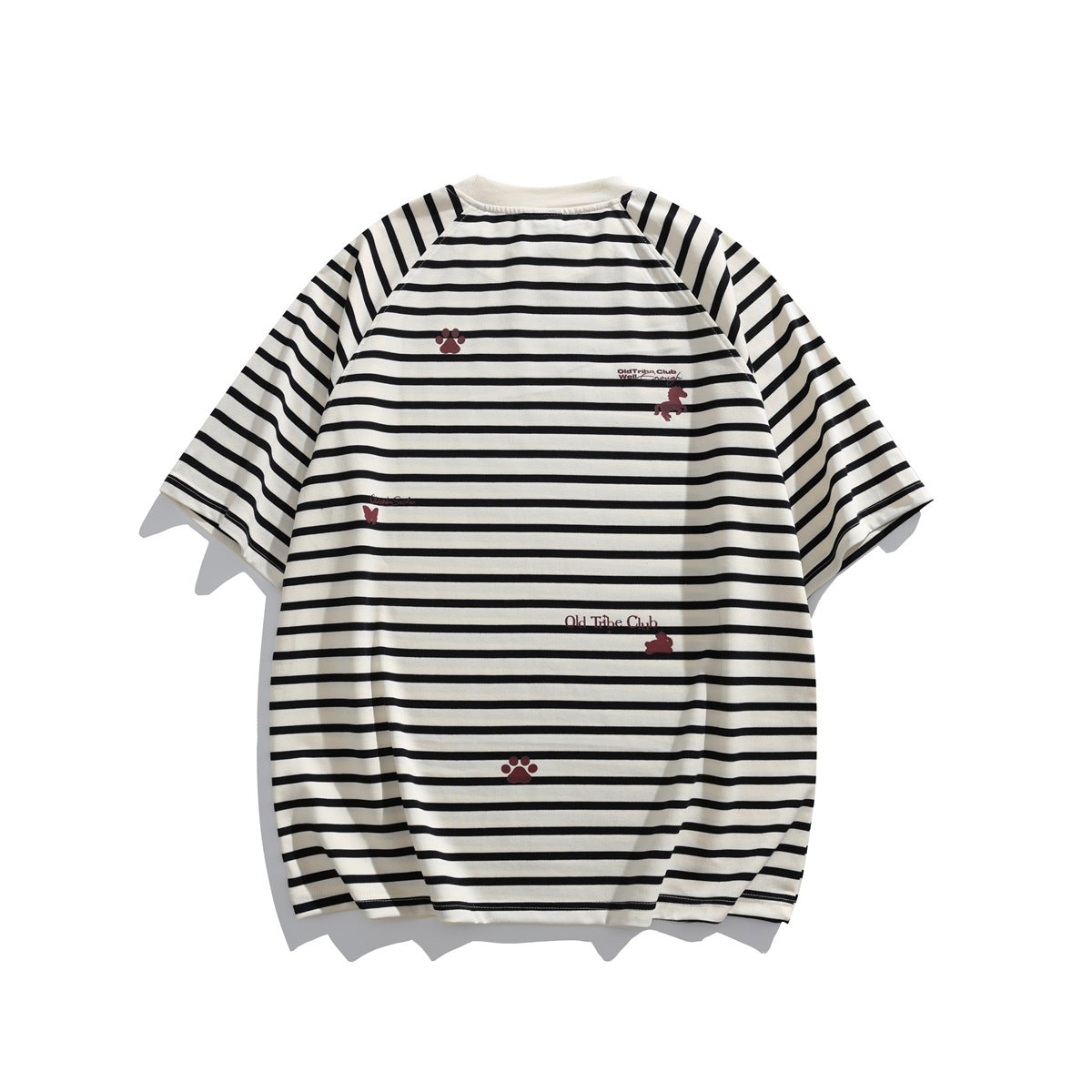 Front view of a cream short-sleeve raglan T-shirt with black horizontal stripes and small burgundy animal and paw-print