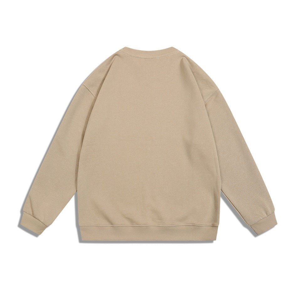 Khaki crew neck sweatshirt flat lay, back view, plain back with ribbed collar, cuffs and hem