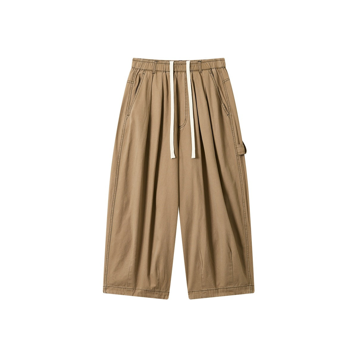 Khaki wide-leg pants with elastic drawstring waist, front pleats, side pockets and side hammer loop, flat front view