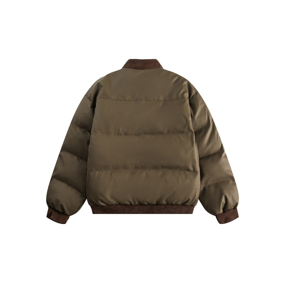 Back view of an olive-brown padded bomber jacket with horizontal quilting and dark brown ribbed collar, cuffs, and hem.