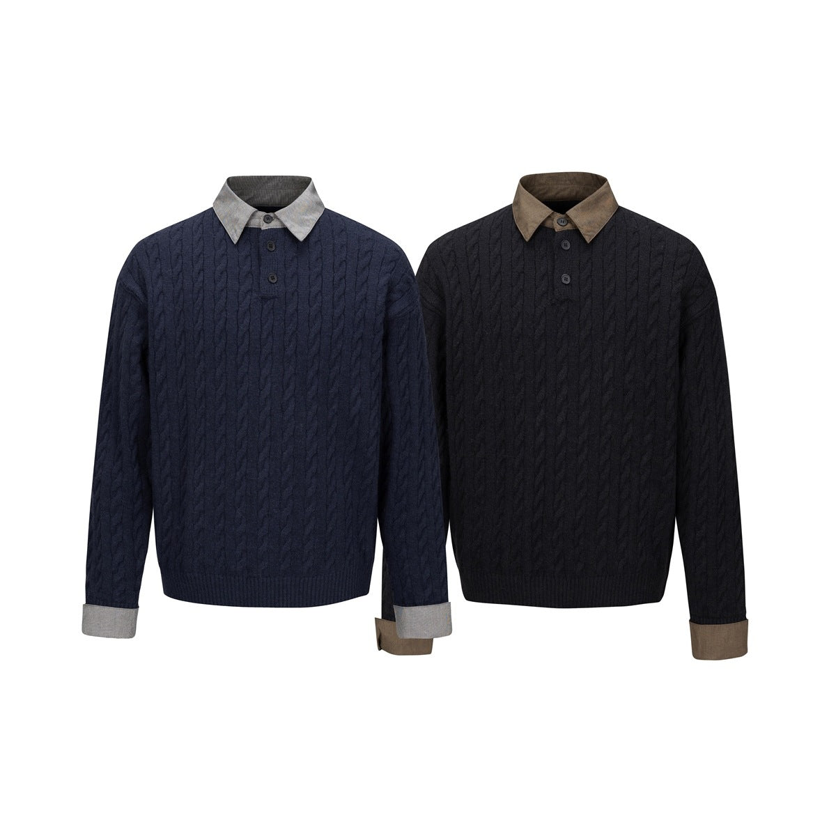 Two cable-knit sweaters shown from the front: navy with gray trim and charcoal with brown trim.