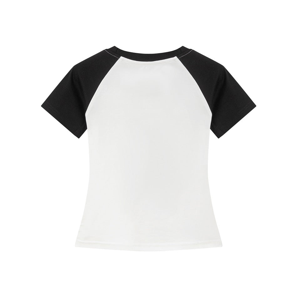 Back view of white raglan tee with black short sleeves and black neckband, plain back
